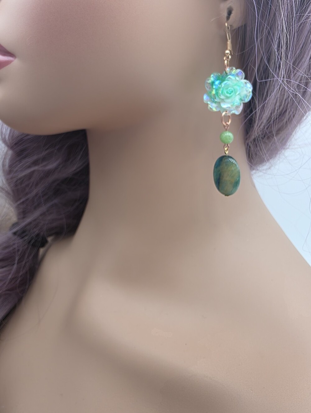 Handmade Iridescent Green Flower Drop Earrings with Green Jasper Stone - Picture 5 of 5